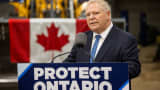 Ontarion pääministeri Doug Ford puhuu kampanjapysäkissä Walker Constructionissa Niagara Fallsissa, Ontariossa, Kanadassa, 31. tammikuuta 2025.
